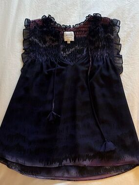 Misa Los Angeles navy and deep purple ruffled tie-front sleeveless top
